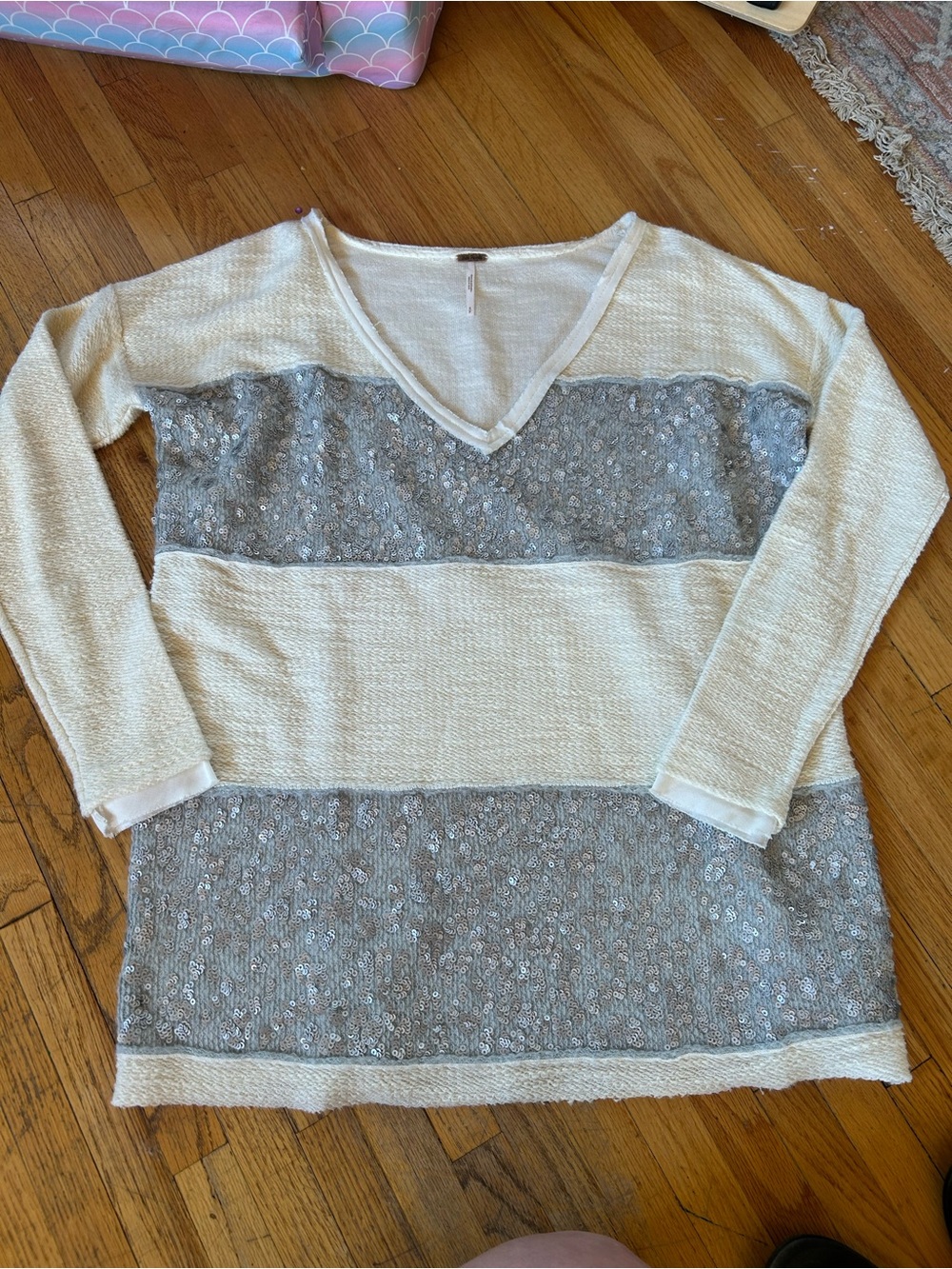 Free people Cream and Gray V-Neck Striped Knit Sweater